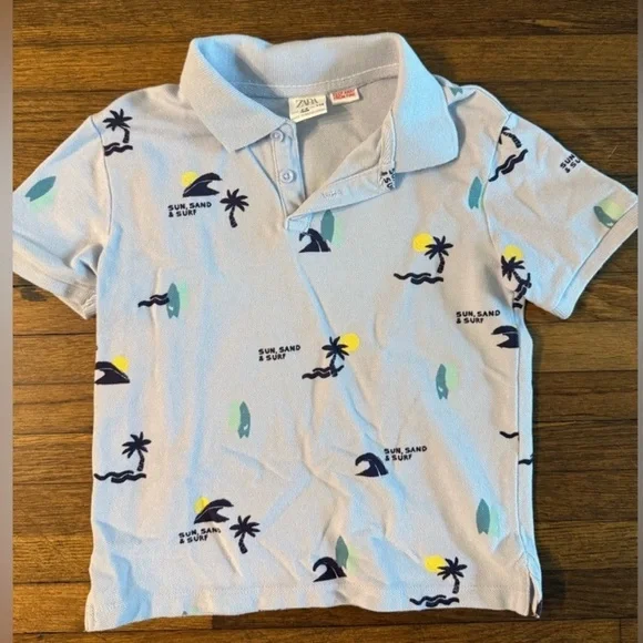 Zara Kids Polo Shirt with Surf and Palm Print - Picture 1 of 3